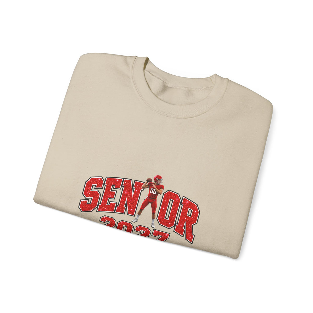 Personalized Senior Mom 2027 Sweatshirt — Quarterback Photo & Sleeve Heart