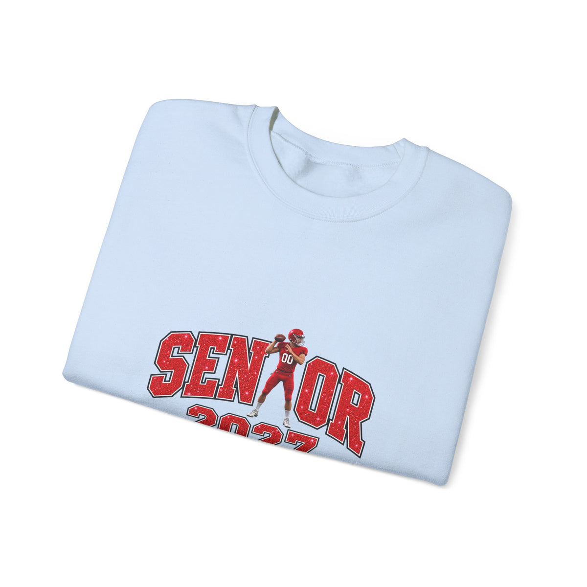 Personalized Senior Mom 2027 Sweatshirt — Quarterback Photo & Sleeve Heart