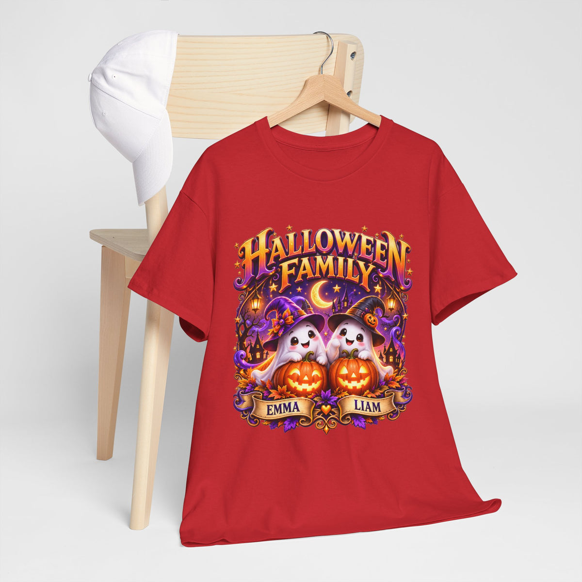 Halloween Family T-Shirt – Personalized Ghosts with Pumpkins (Names: Emma & Liam)