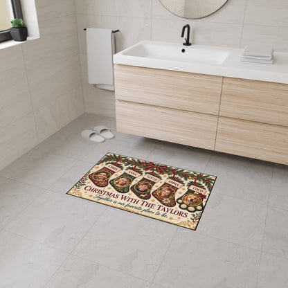 Personalized Christmas Family & Pet Photo Floor Mat — Gold Glitter Effect