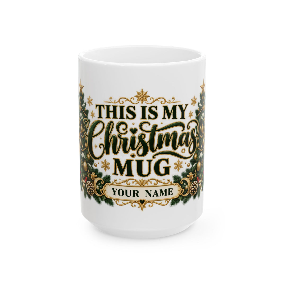 Personalized This Is My Christmas Mug — Elegant Green and Gold Trees