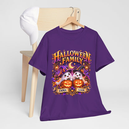 Halloween Family T-Shirt – Personalized Ghosts with Pumpkins (Names: Emma & Liam)