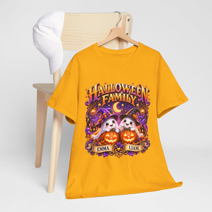 Halloween Family T-Shirt – Personalized Ghosts with Pumpkins (Names: Emma & Liam)