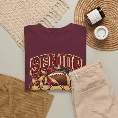 Personalized Senior Mom 2027 Football Shirt – Burgundy Gold Bow, Custom Player Name Number & Team