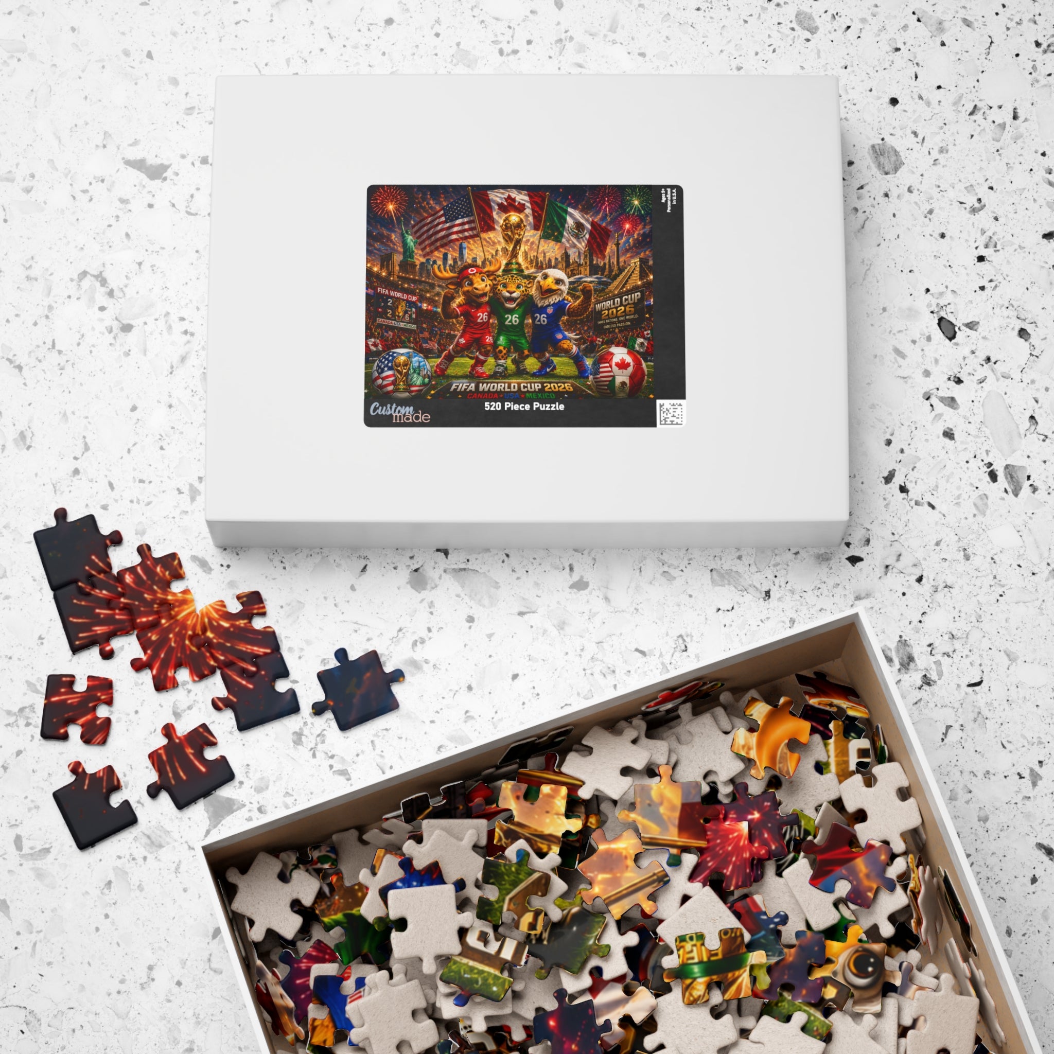 FIFA World Cup 2026 Soccer Mascot Jigsaw Puzzle — Canada USA Mexico Stadium Scene (110/252/520/1014 pcs)
