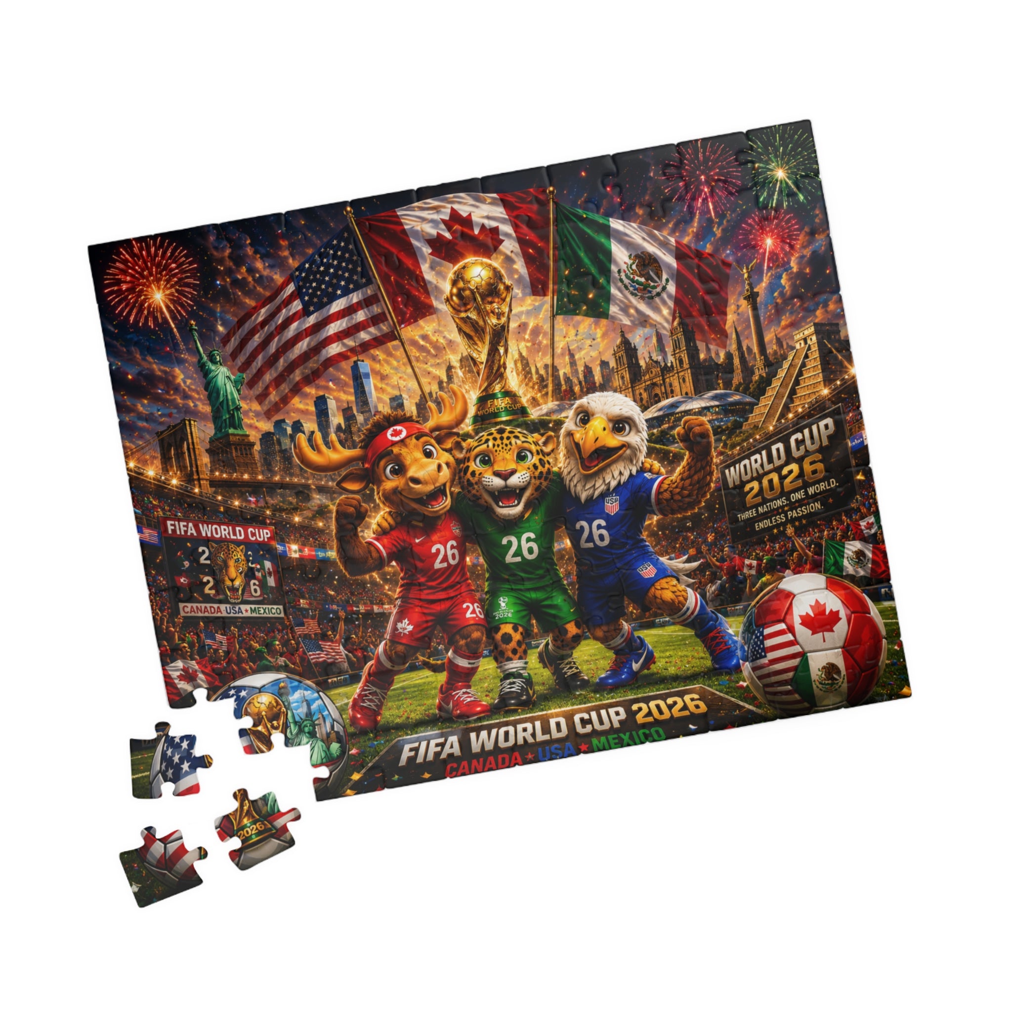 FIFA World Cup 2026 Soccer Mascot Jigsaw Puzzle — Canada USA Mexico Stadium Scene (110/252/520/1014 pcs)