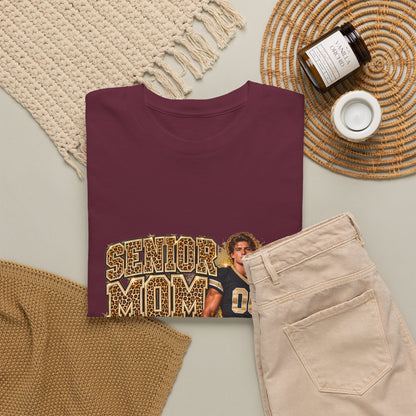 Personalized Senior Mom 2027 Leopard Football Photo Shirt – Gold Glitter Effect, Proud Mom of, Custom Player Name Number & Team