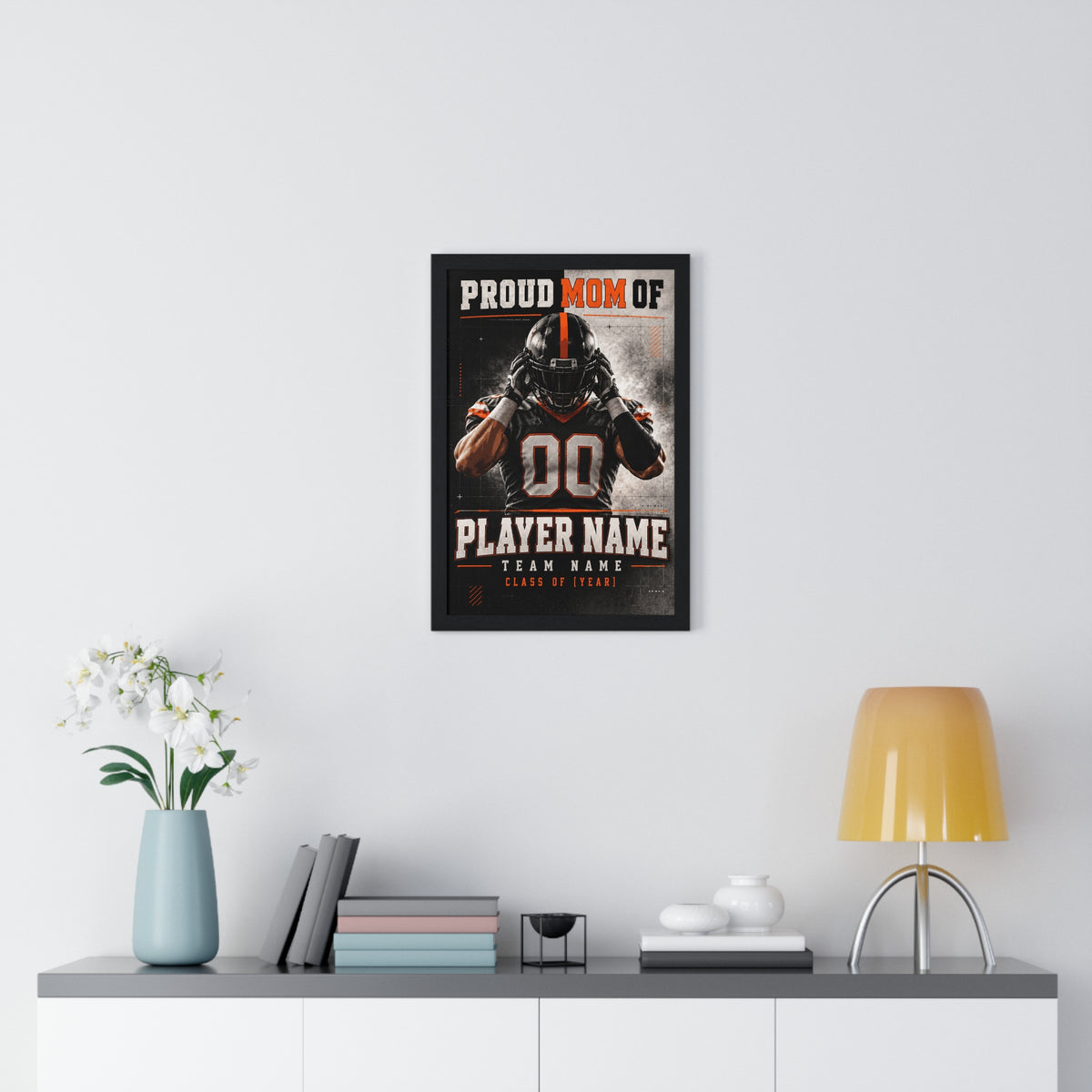 Personalized Proud Mom Football Framed Photo Poster – Orange Helmet Portrait – Custom Name, Team & Graduation Year