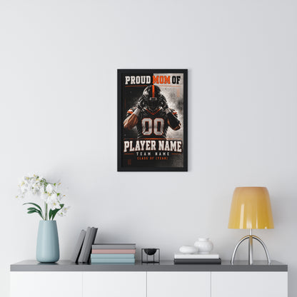 Personalized Proud Mom Football Framed Photo Poster – Orange Helmet Portrait – Custom Name, Team & Graduation Year