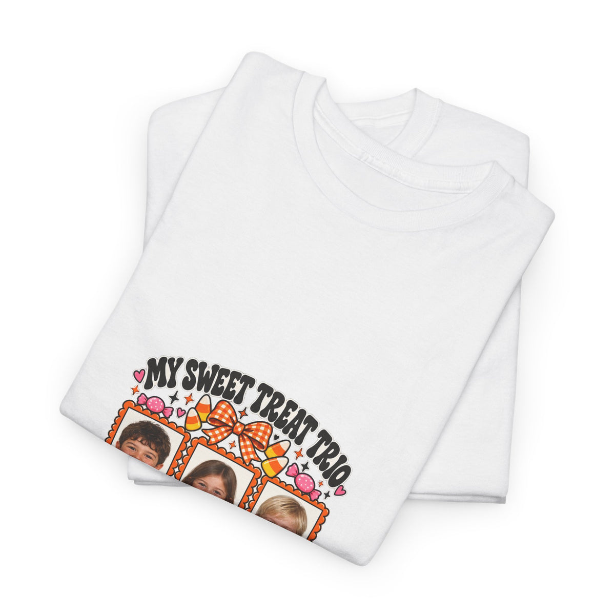 MY SWEET TREAT TRIO – Personalized Halloween Mom Photo T-Shirt – 3 Kids Photos & Names