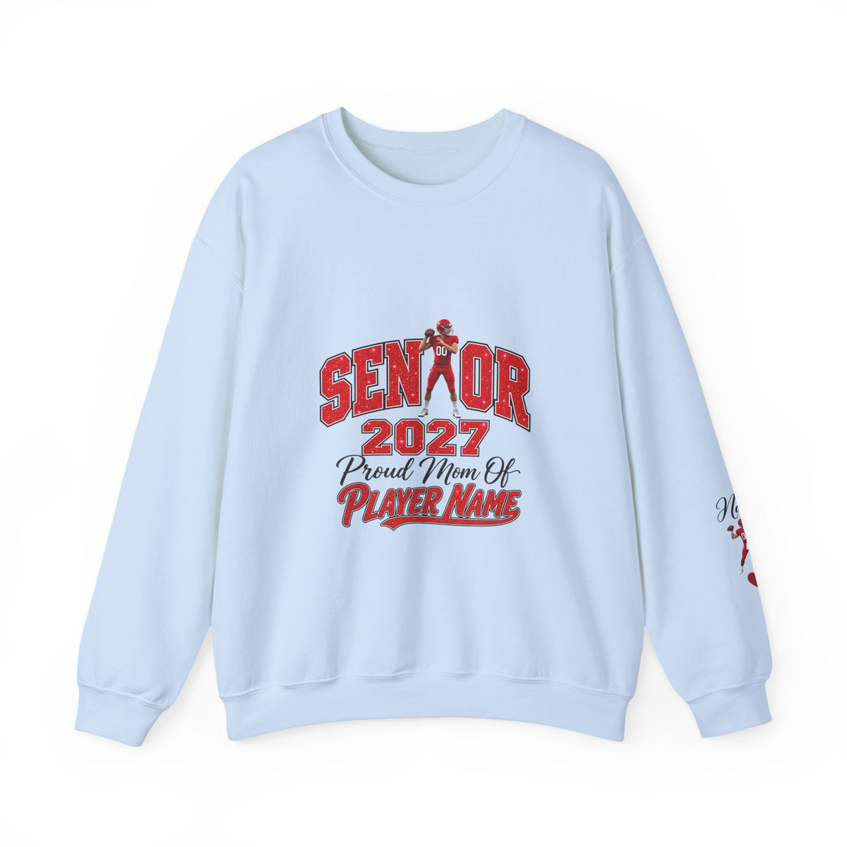 Personalized Senior Mom 2027 Sweatshirt — Quarterback Photo & Sleeve Heart