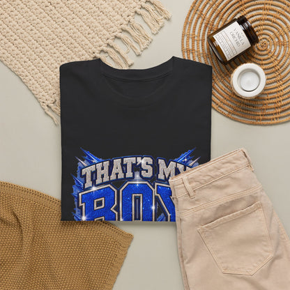 Personalized That's My Boy Football Mom Shirt – Blue Silver, Proud Mom of, Custom Player Name Number & Team