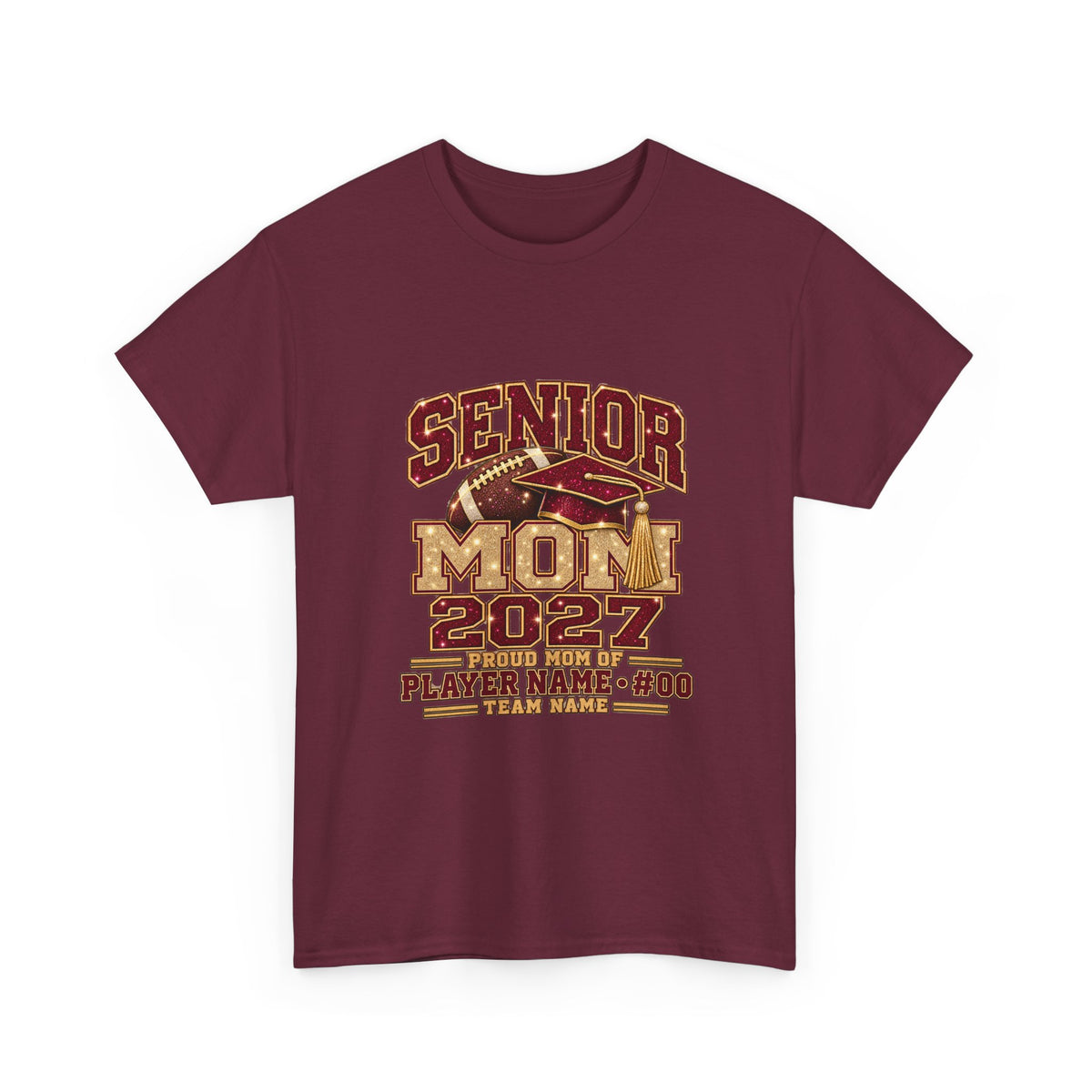 Personalized Senior Mom 2027 Football Shirt – Burgundy Gold Graduation Cap, Custom Player Name Number & Team