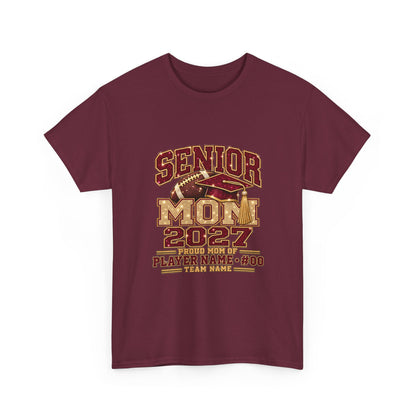 Personalized Senior Mom 2027 Football Shirt – Burgundy Gold Graduation Cap, Custom Player Name Number & Team