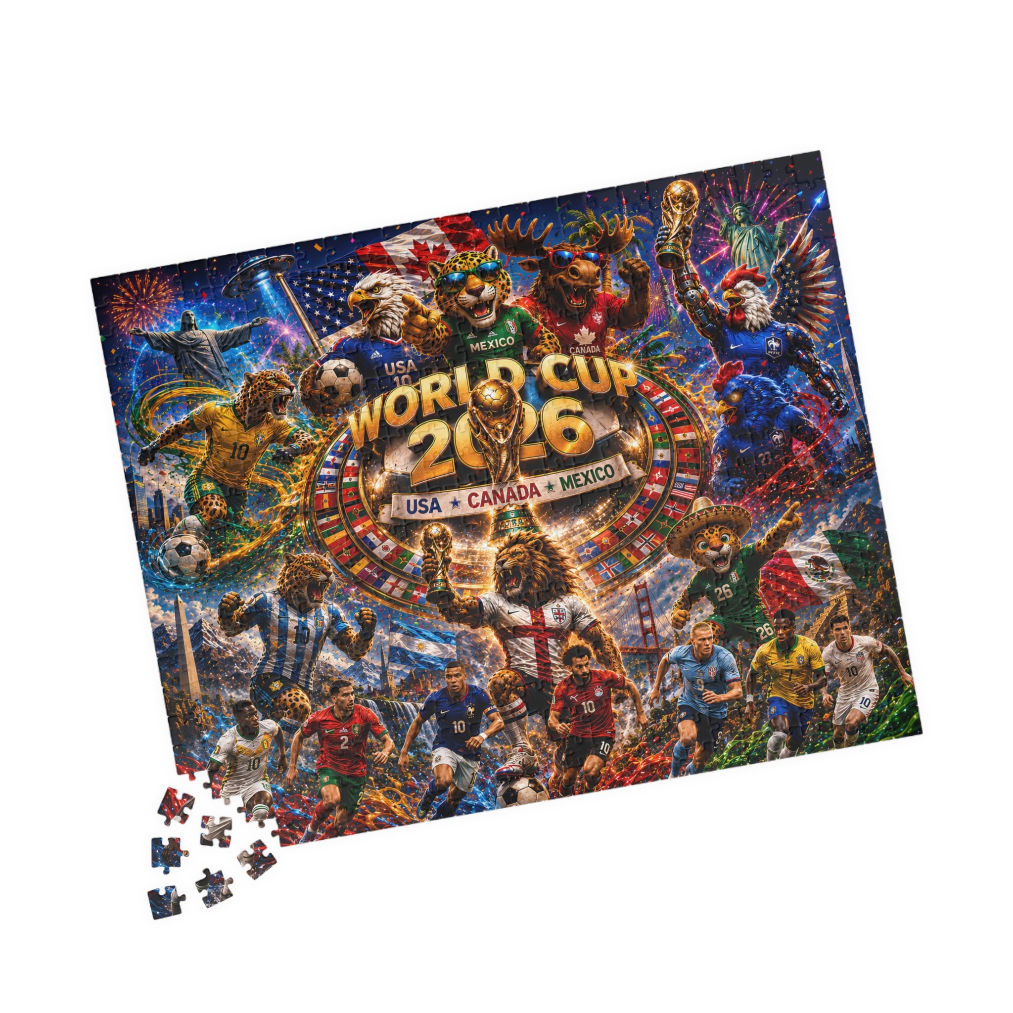 World Cup 2026 Soccer Collage Puzzle – USA Canada Mexico Stadium Celebration (110/252/520/1014 pcs)