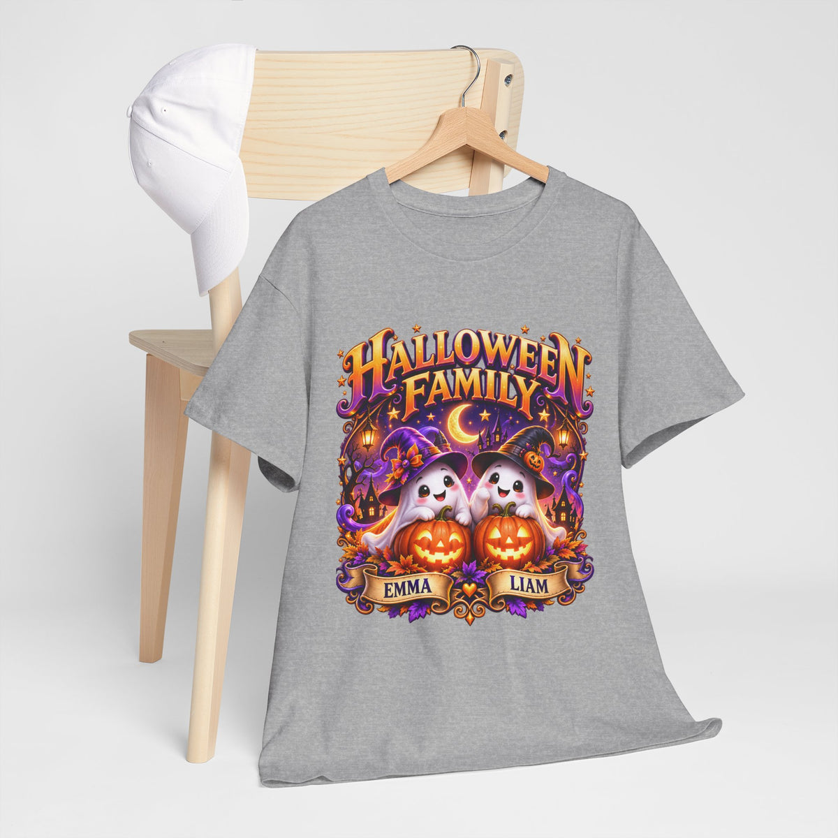 Halloween Family T-Shirt – Personalized Ghosts with Pumpkins (Names: Emma & Liam)