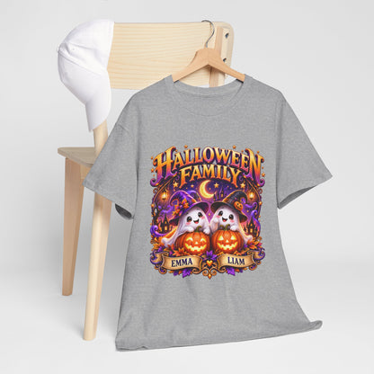 Halloween Family T-Shirt – Personalized Ghosts with Pumpkins (Names: Emma & Liam)