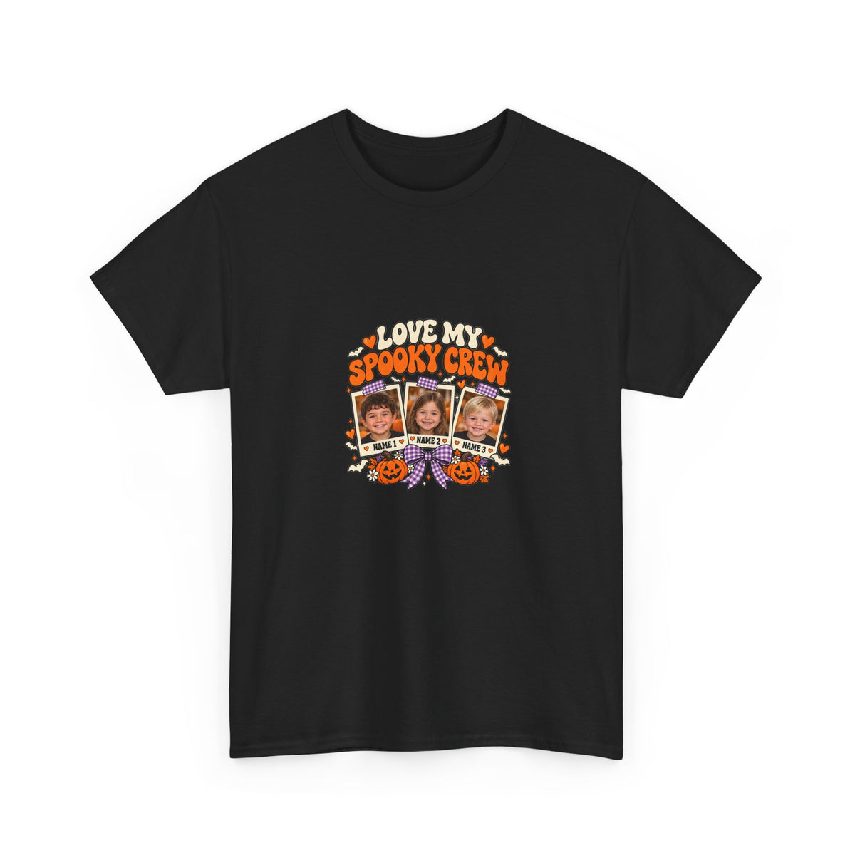 LOVE MY SPOOKY CREW – Personalized Halloween Mom Photo T-Shirt – 3 Kids Photos & Names