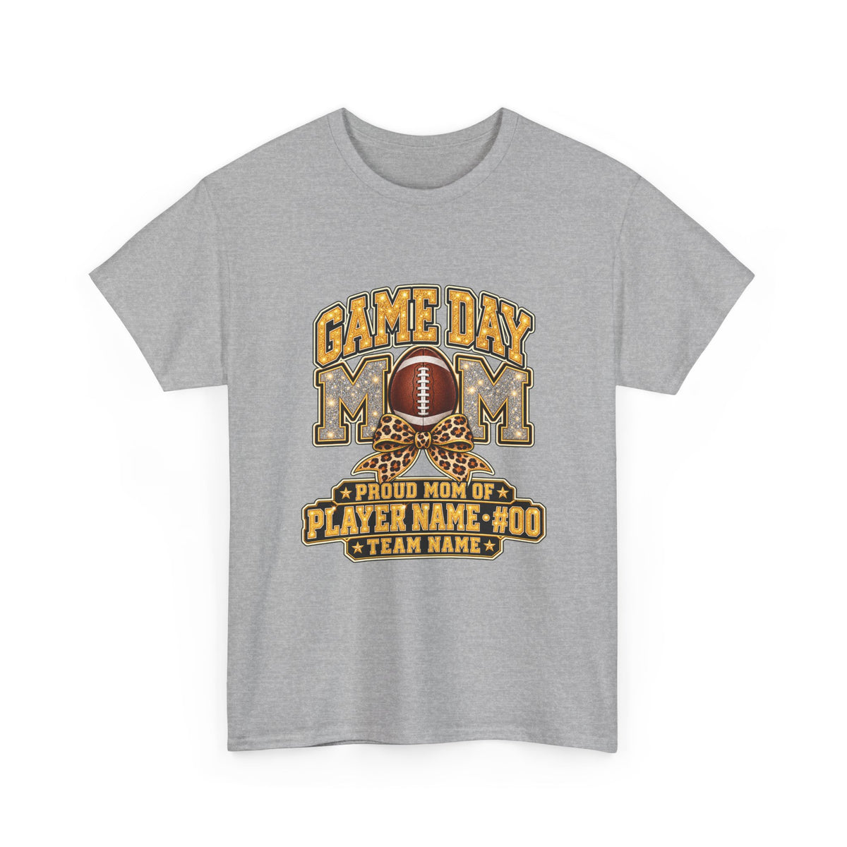 Personalized Game Day Mom Football Shirt – Gold Silver Leopard Bow, Custom Player Name Number & Team