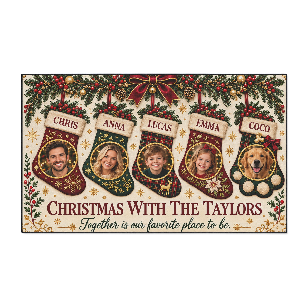 Personalized Christmas Family & Pet Photo Floor Mat — Gold Glitter Effect