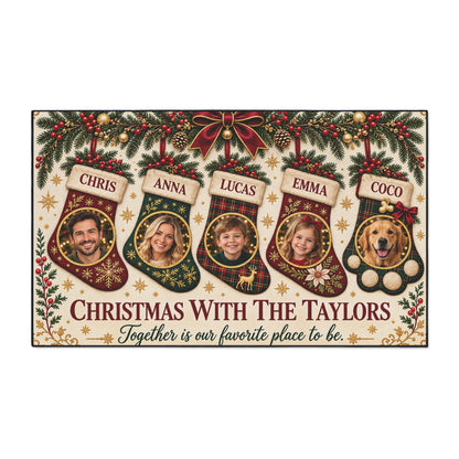 Personalized Christmas Family & Pet Photo Floor Mat — Gold Glitter Effect