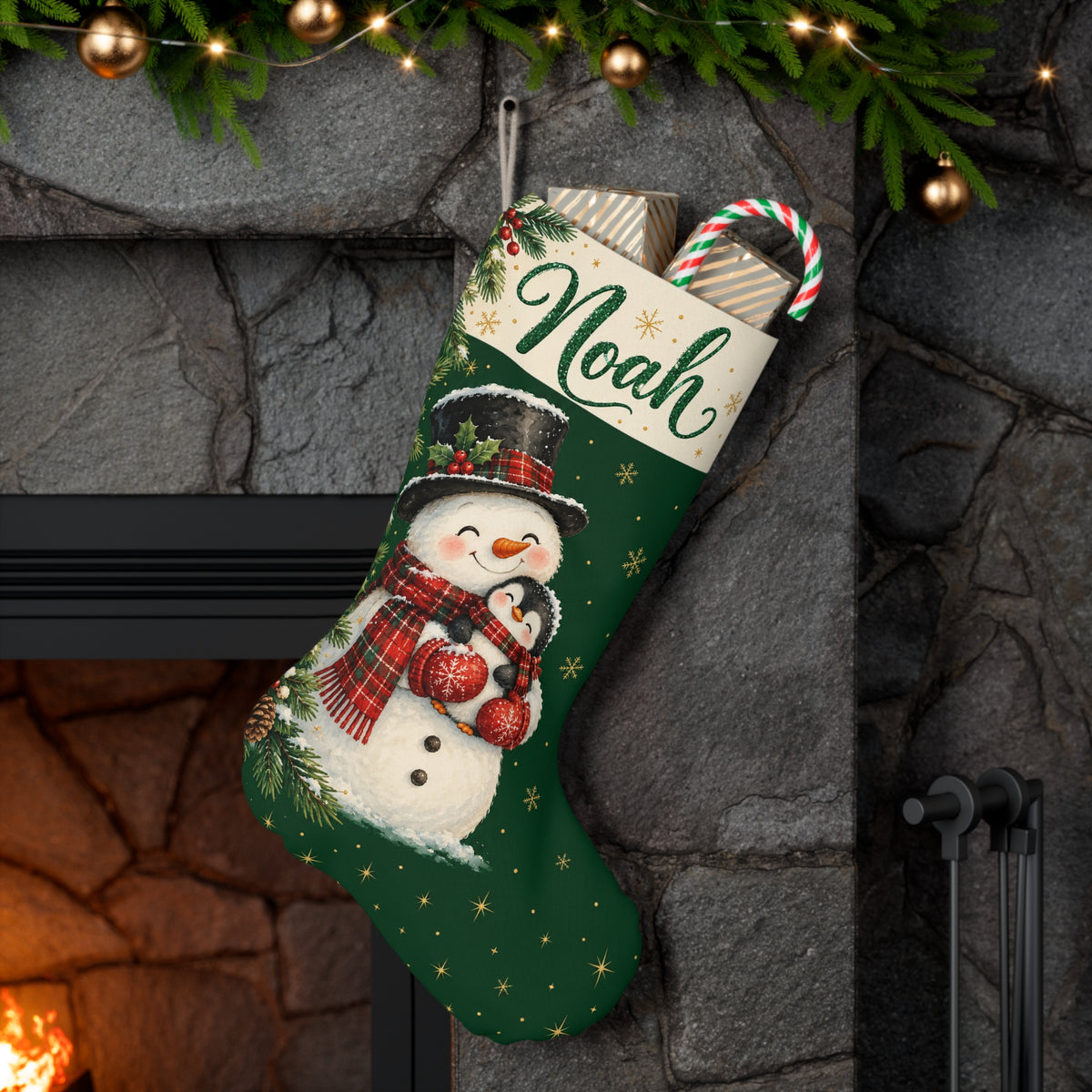 Personalized Snowman Christmas Stocking — Name & Colored Printed Glitter