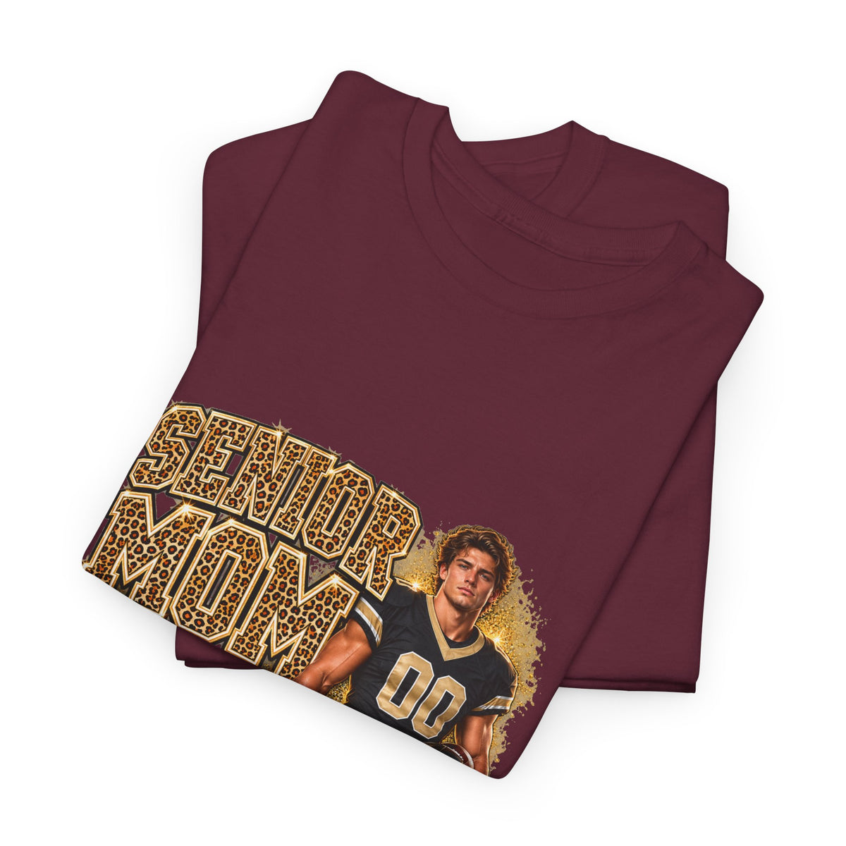 Personalized Senior Mom 2027 Leopard Football Photo Shirt – Gold Glitter Effect, Proud Mom of, Custom Player Name Number & Team