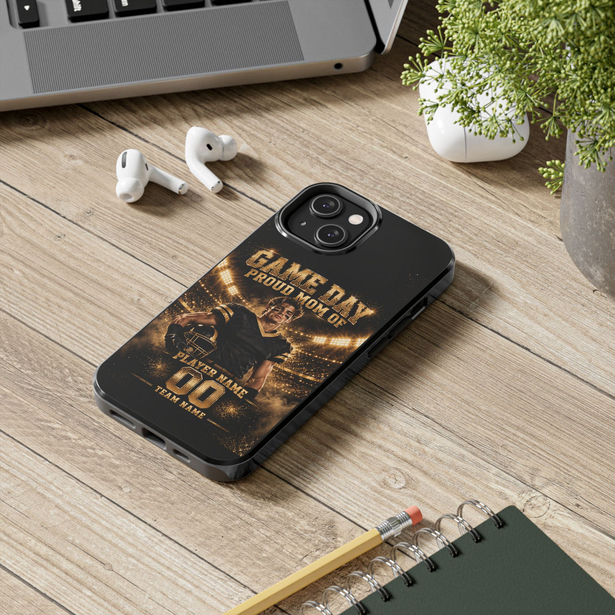 Personalized Game Day Proud Mom Photo Phone Case – Black & Gold