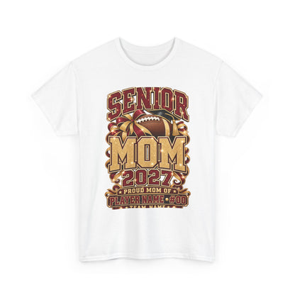Personalized Senior Mom 2027 Football Shirt – Burgundy Gold Bow, Custom Player Name Number & Team