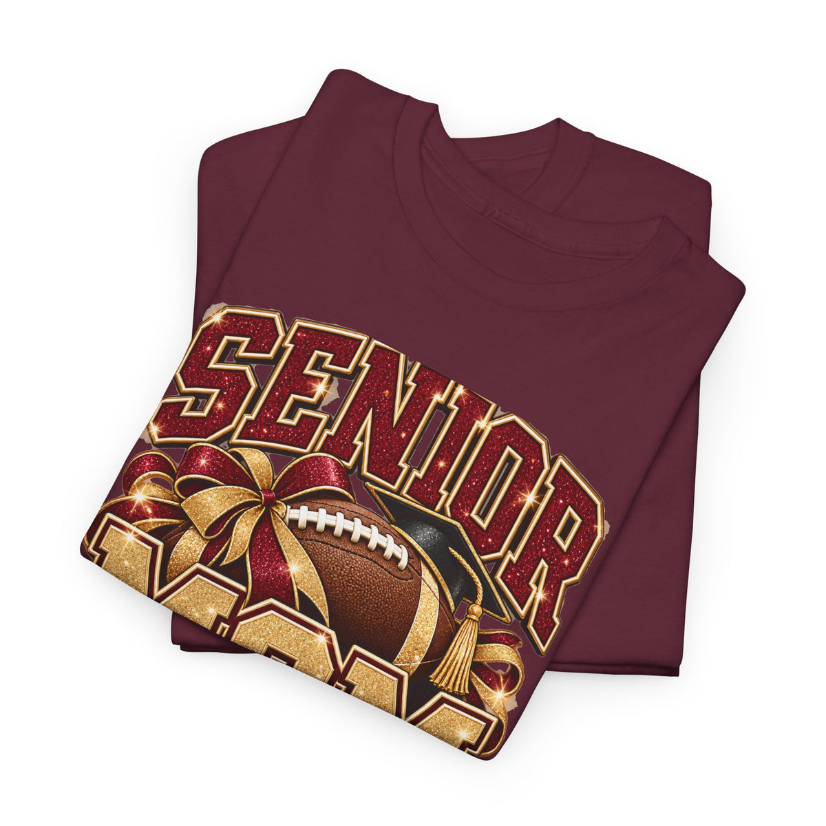 Personalized Senior Mom 2027 Football Shirt – Burgundy Gold Bow, Custom Player Name Number & Team