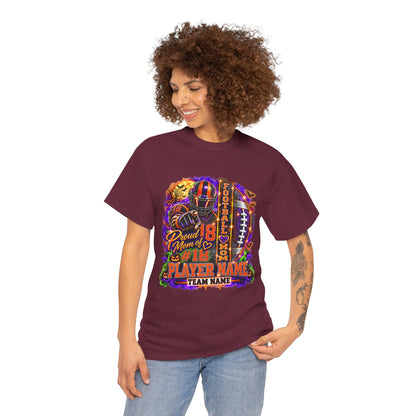 Personalized Halloween Football Mom Shirt, Proud Mom of Player, Custom Player Name Team Name Number, Glitter Effect Game Day Mom Tee