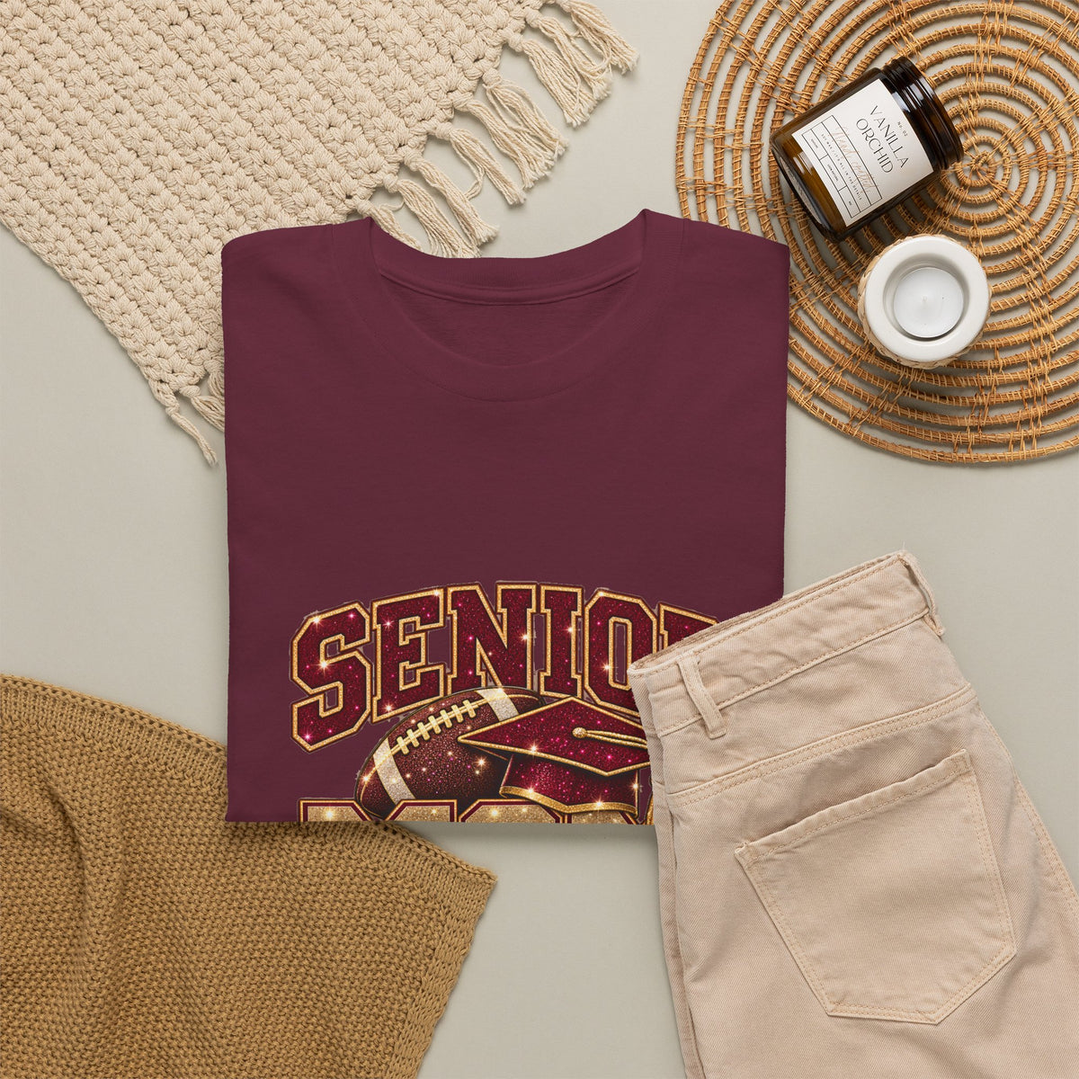 Personalized Senior Mom 2027 Football Shirt – Burgundy Gold Graduation Cap, Custom Player Name Number & Team