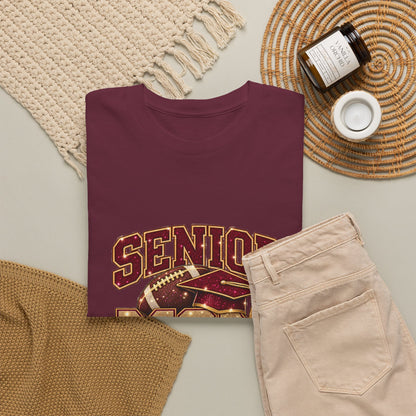 Personalized Senior Mom 2027 Football Shirt – Burgundy Gold Graduation Cap, Custom Player Name Number & Team