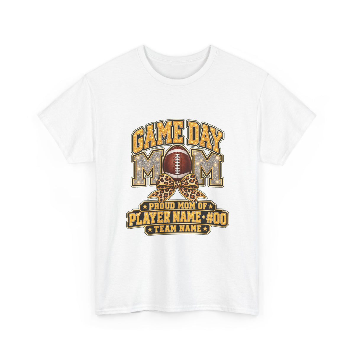 Personalized Game Day Mom Football Shirt – Gold Silver Leopard Bow, Custom Player Name Number & Team