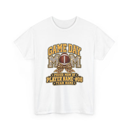 Personalized Game Day Mom Football Shirt – Gold Silver Leopard Bow, Custom Player Name Number & Team