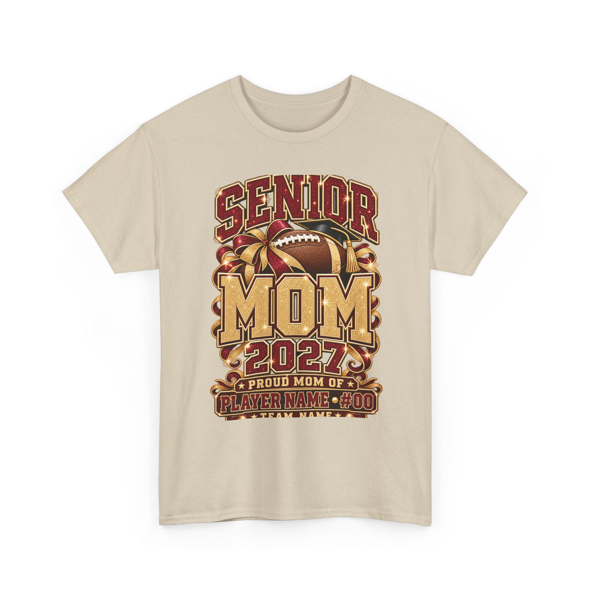 Personalized Senior Mom 2027 Football Shirt – Burgundy Gold Bow, Custom Player Name Number & Team