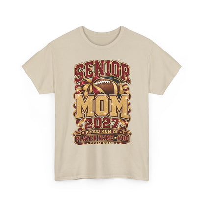 Personalized Senior Mom 2027 Football Shirt – Burgundy Gold Bow, Custom Player Name Number & Team