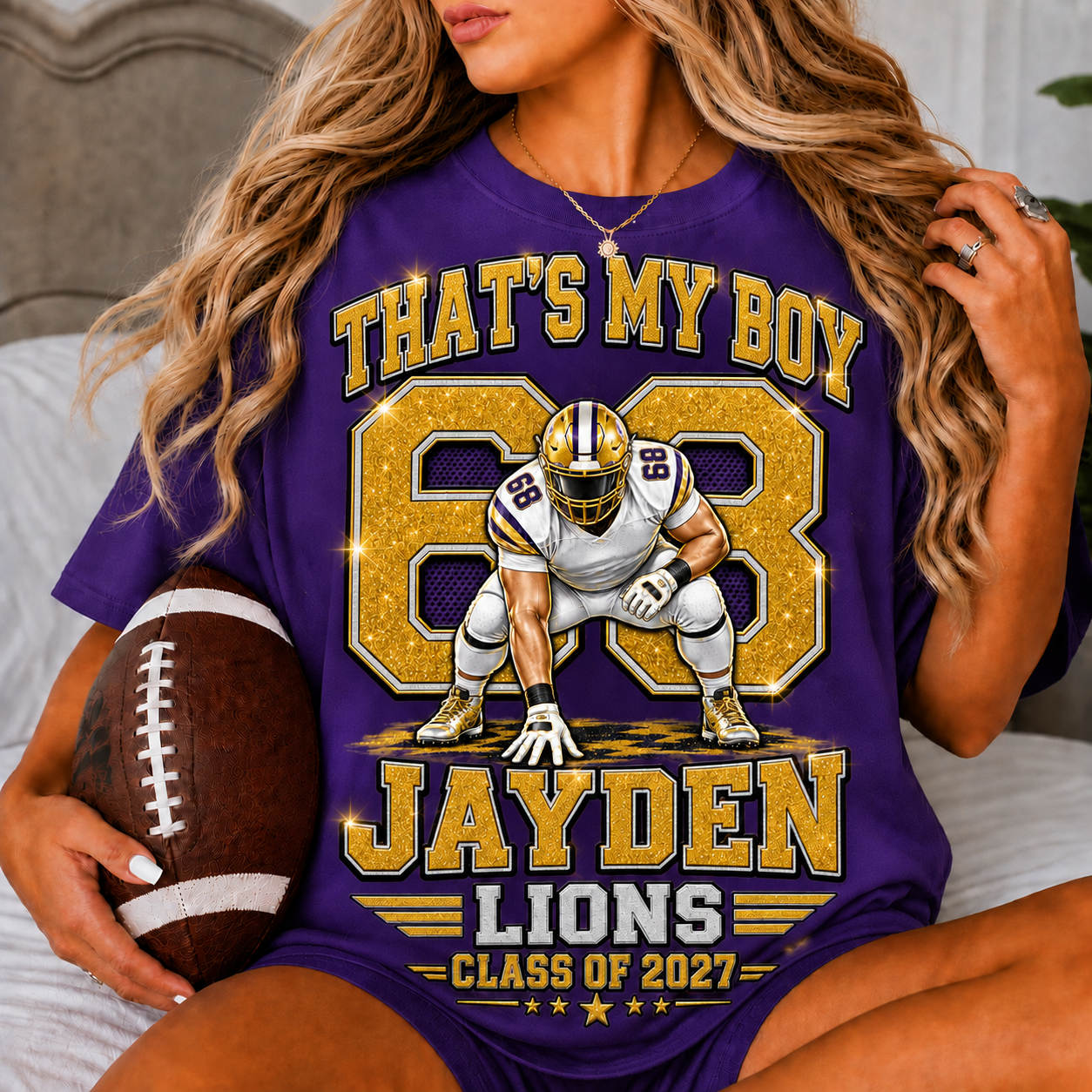 Personalized Football Mom Shirt, Custom Player Name Number Tee, Senior 2027 Mom Shirt, Lineman Game Day Shirt, Glitter Effect