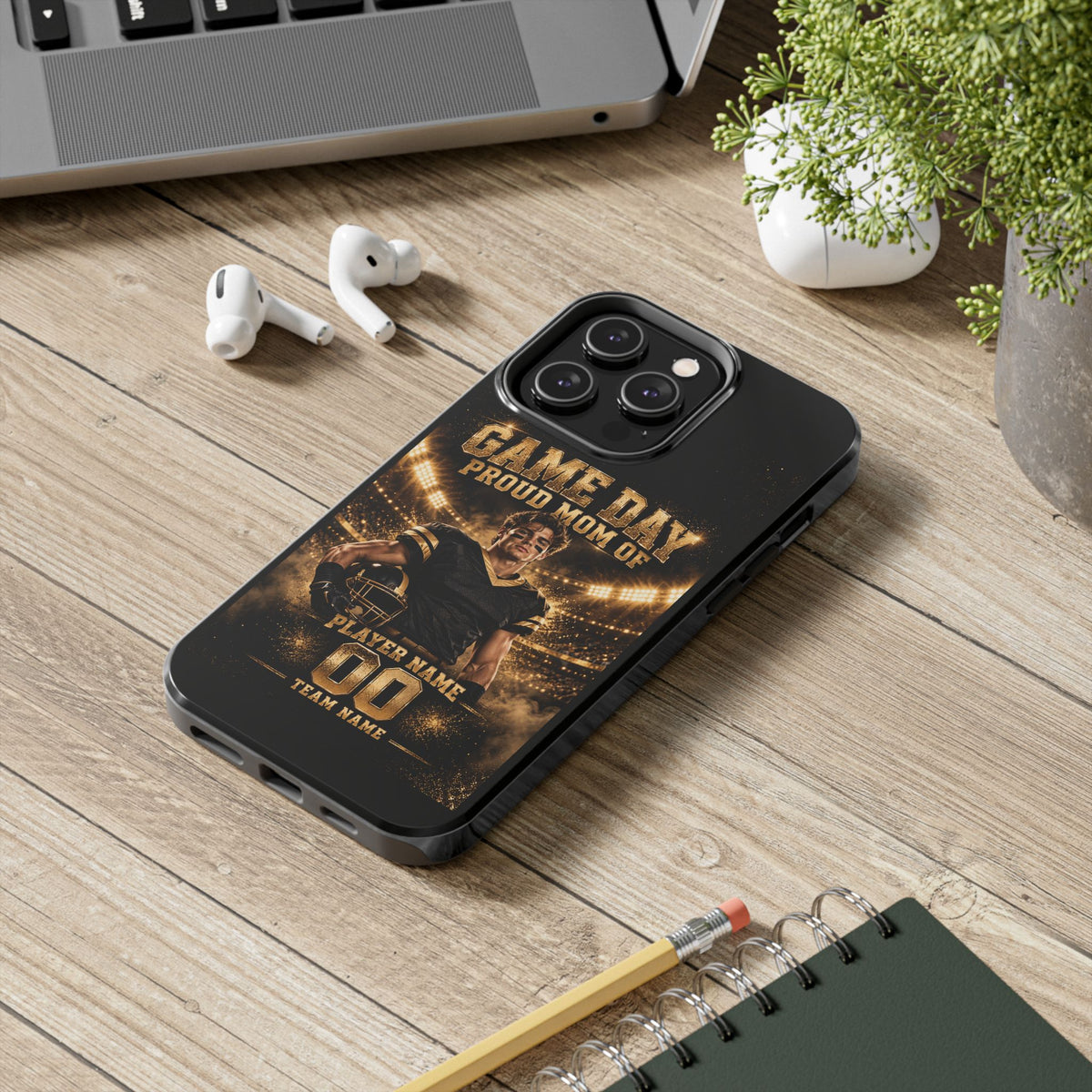 Personalized Game Day Proud Mom Photo Phone Case – Black & Gold