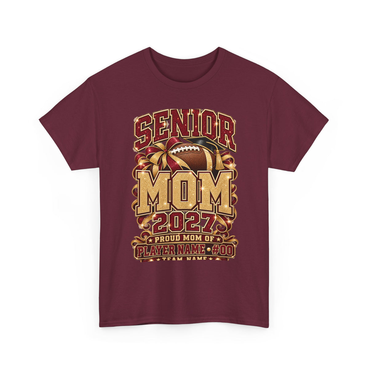 Personalized Senior Mom 2027 Football Shirt – Burgundy Gold Bow, Custom Player Name Number & Team
