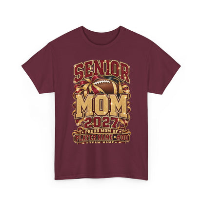 Personalized Senior Mom 2027 Football Shirt – Burgundy Gold Bow, Custom Player Name Number & Team