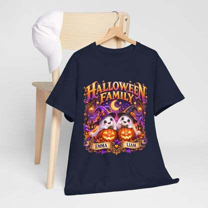 Halloween Family T-Shirt – Personalized Ghosts with Pumpkins (Names: Emma & Liam)