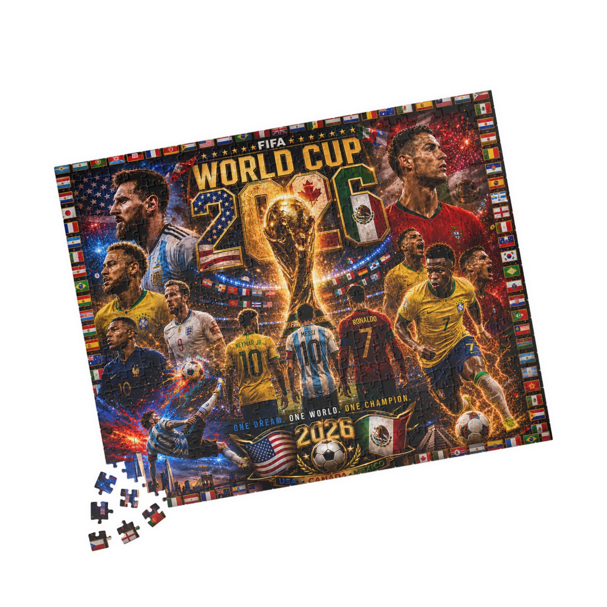 World Cup 2026 Soccer Collage Puzzle — FIFA Tournament Poster Jigsaw