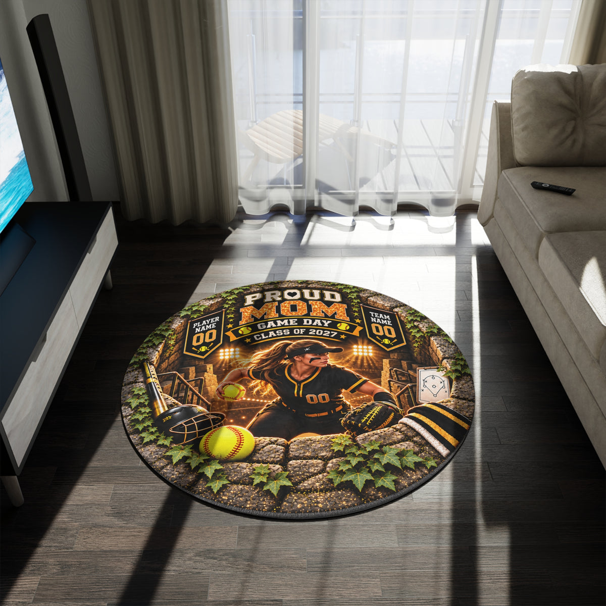 Personalized Softball Mom Rug, Custom Round Area Rug, Proud Mom Game Day Rug, Player Name Team Name Class of 2027 Softball Gift