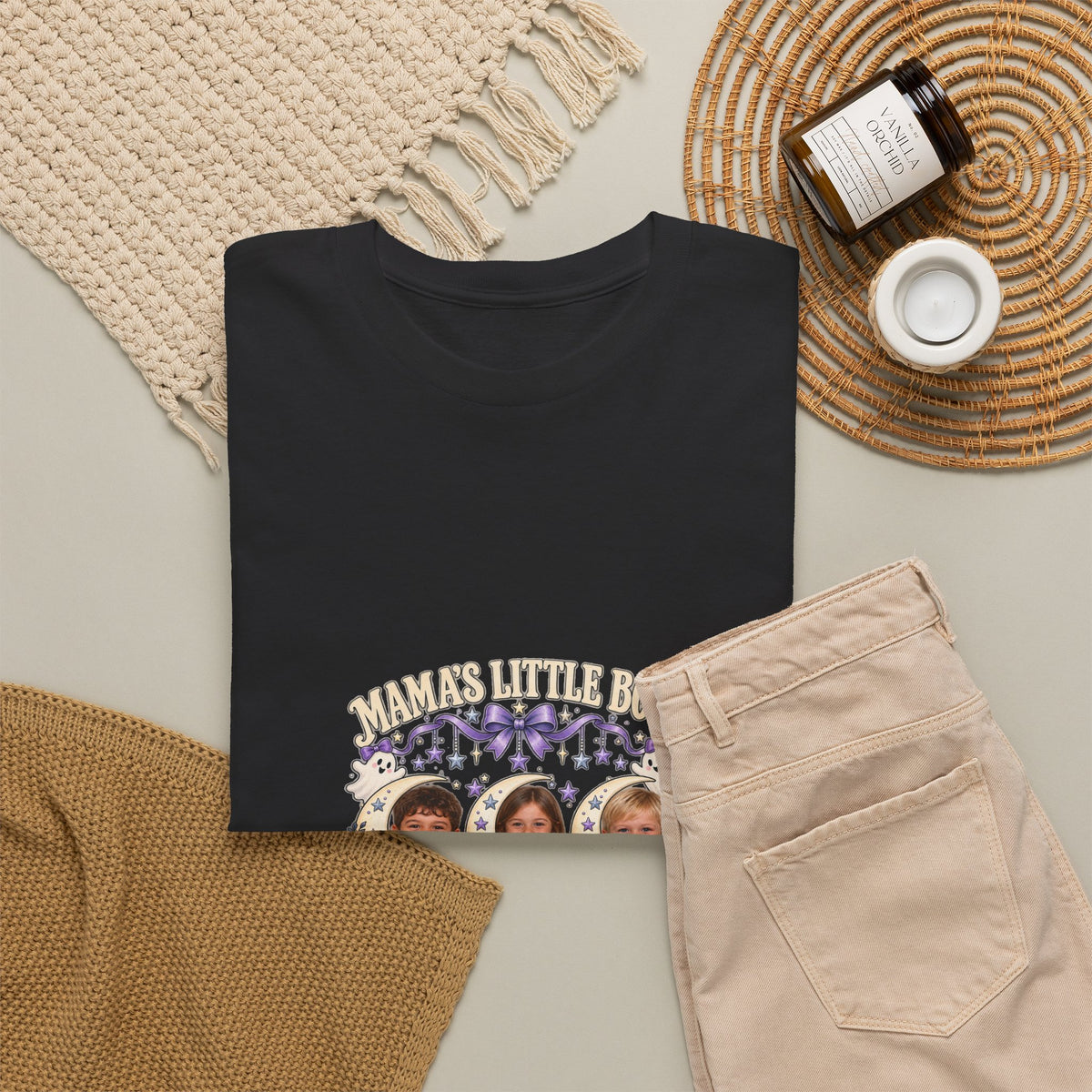MAMA'S LITTLE BOOS – Personalized Halloween Mom Photo T-Shirt – 3 Kids Photos & Names