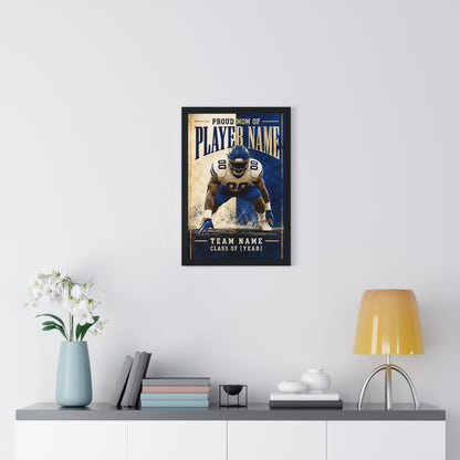 Personalized Proud Mom Football Framed Photo Poster – Blue Defensive Player – Custom Name, Team & Graduation Year