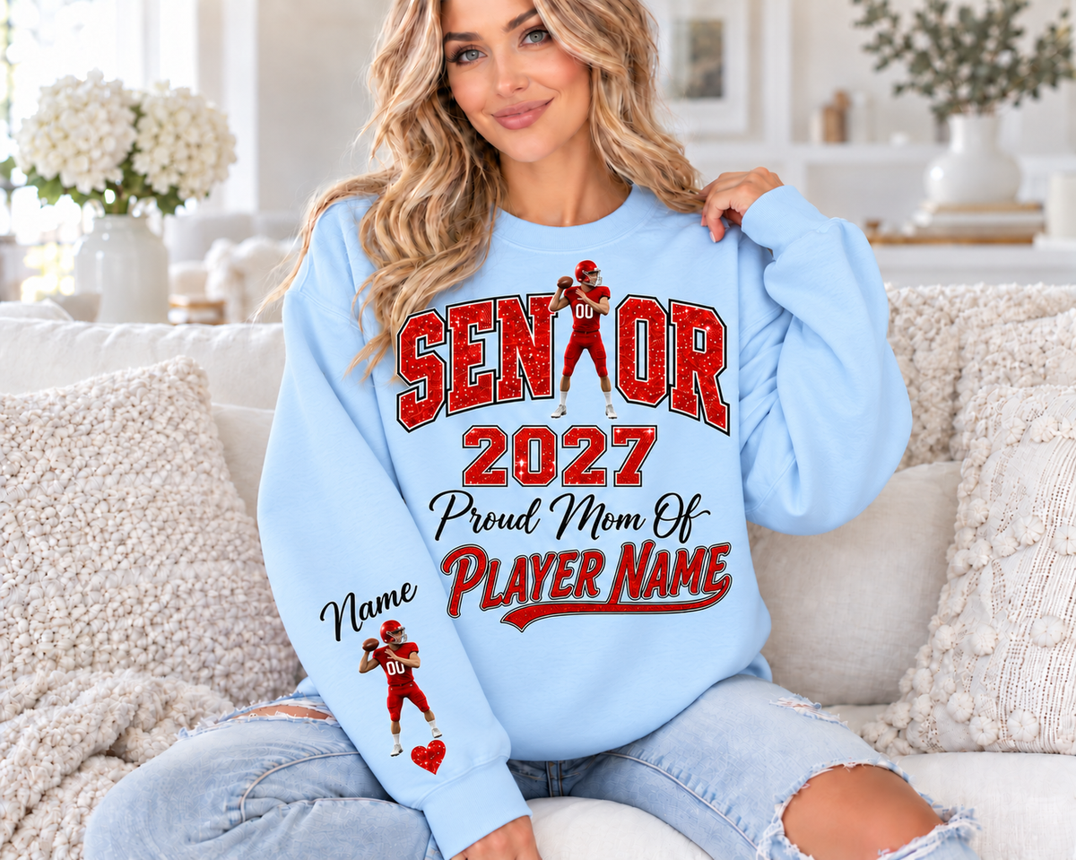 Light Blue sweatshirt with red printed glitter — Senior Mom 2027