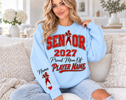 Light Blue sweatshirt with red printed glitter — Senior Mom 2027