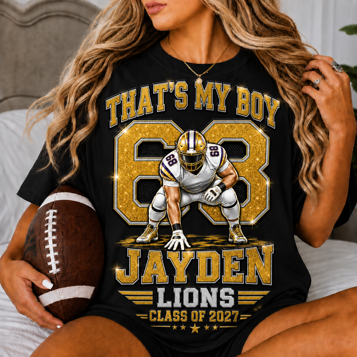 Personalized Football Mom Shirt, Custom Player Name Number Tee, Senior 2027 Mom Shirt, Lineman Game Day Shirt, Glitter Effect