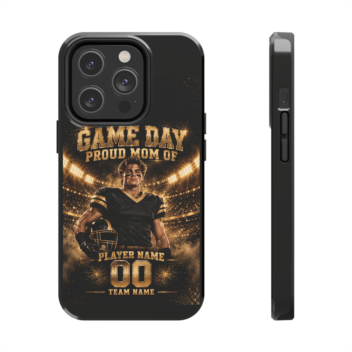 Personalized Game Day Proud Mom Photo Phone Case – Black & Gold